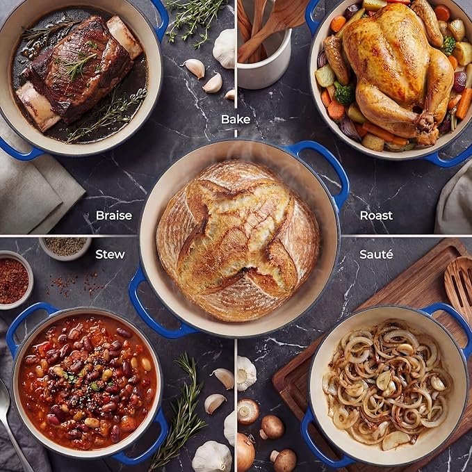 Zulay Kitchen 5 Quart Enameled Cast Iron Dutch Oven Pot with Lid – Premium Durability & Oven Safe up to 500°F – Heavy Duty Cookware Perfect for Bread Baking, Stews, Braising & Roasting – Blue
