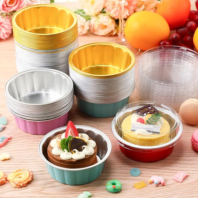 Tessco for you 100 Pcs Disposable Ramekins with Lids 8 oz Creme Brulee Ramekin Aluminum Foil Cup Cupcake Liner Baking Valentines Disposable Muffin Tin Pan Cheesecake Container (Multi Colors)