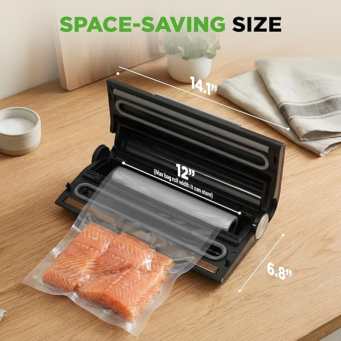 NutriChef Vacuum Sealer Machine, 80kPa Food Vacuum Sealer with Cutter, Bag Storage, Suction Hose, 1 Bag Roll & 5 Vacuum Bags to Ensure Freshness, Suitable for Freezer Meal Prep & Portioning 14"x7"x3"