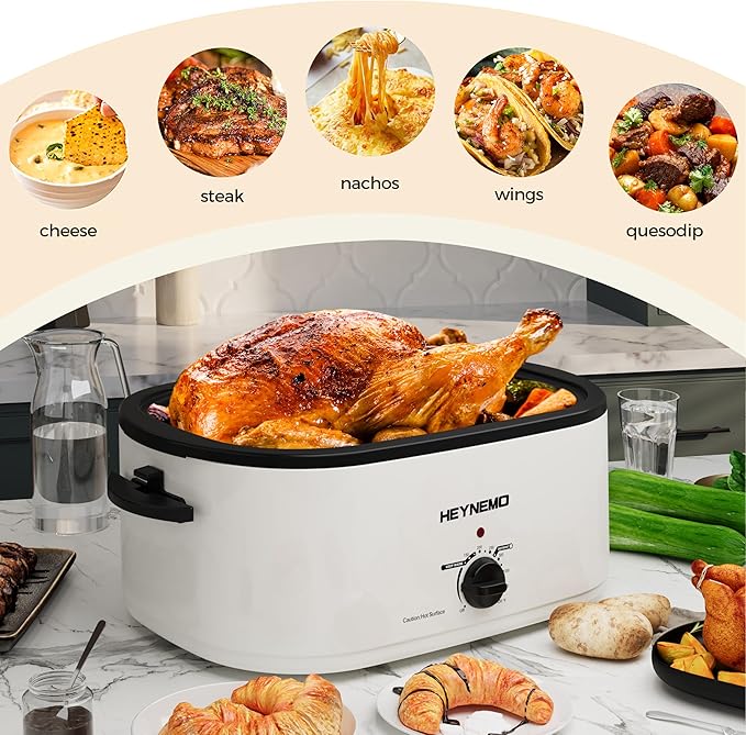 26 Quart Electric Roaster Oven with Visible & Self-Basting Lid, Large Turkey Roaster with Defrost Warm Function, Adjustable Temperature, Removable Pan Rack, Stainless Steel, White