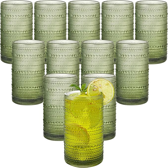 16oz Green Hobnail Drinking Glasses with Straws Set of 12, Highball Glasses Cups, Kitchen Water Glasses Cup, for Cocktail, Juice, Whiskey, Milk and Various Mixed Drinks