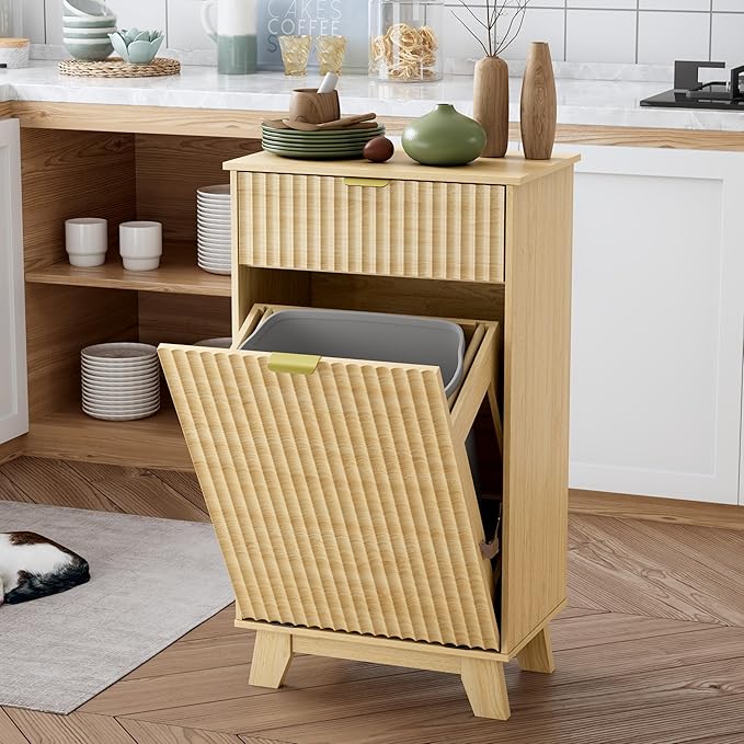 Modern Tilt Out Laundry Hamper Cabinet, 10 Gallon Wooden Trash Can Cabinet with Storage Drawer, Hidden Fluted Bathroom Storage Cabinet for Kitchen, Living Room (Natural Wood, 20.47"W x 35.83"H x 13"D)