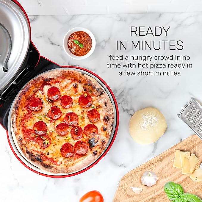 HomeCraft Stone Baked Pizza Maker - Woodfire-Style Indoor Oven Reaches 750°F - Cooks Homemade or Frozen Pizzas in 4 Minutes - Ceramic Stone & Peel - Perfect for Pizza Parties – Red