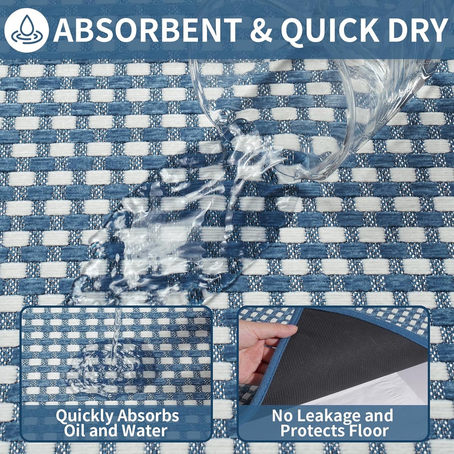 Kitchen Rugs Non Slip Washable, Rubber Backing Soft Chenille Braided Kitchen Mats for Floor, Super Absorbent Kitchen Runner Rug Standing Mat Sink Mat, Easy to Clean, Blue 17"x47"
