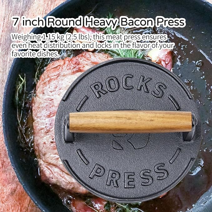 7 Inch Bacon Press, Heavy Duty Cast Iron Grill Press, 2.5 lbs Round Smash Burger Press with Wood Handle & Raised Edge, Food-Grade Griddle Press for Hamburger Bacon Seared Steak Sandwiches and Panini