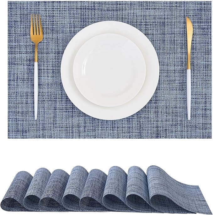 Leetaltree Deep Navy Woven Placemats Set of 8 - Heat Resistant Non-Slip Place mats for Dining Table, Washable Durable PVC Vinyl Woven Table Mats(Deep Navy, 8)