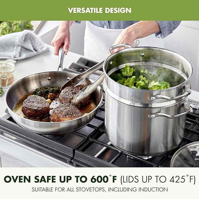 GreenPan Stainless Steel Cookware Set, 11 Piece, Induction Cookware, Dishwasher Safe, Oven Safe to 600F, Large 8QT Stock Pot, Sauce, Saute, Frying Pans, Pots & Pans Kitchen Essentials, Silver