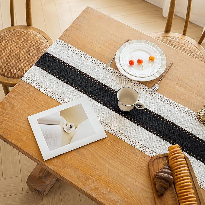FEXIA Boho Table Runner for Home Decor with Tassels 90 Inches Long,Black Farmhouse Rustic Table Runner Macrame Burlap Table Decoration for Living Room Bridal Shower(12x90 Inches)
