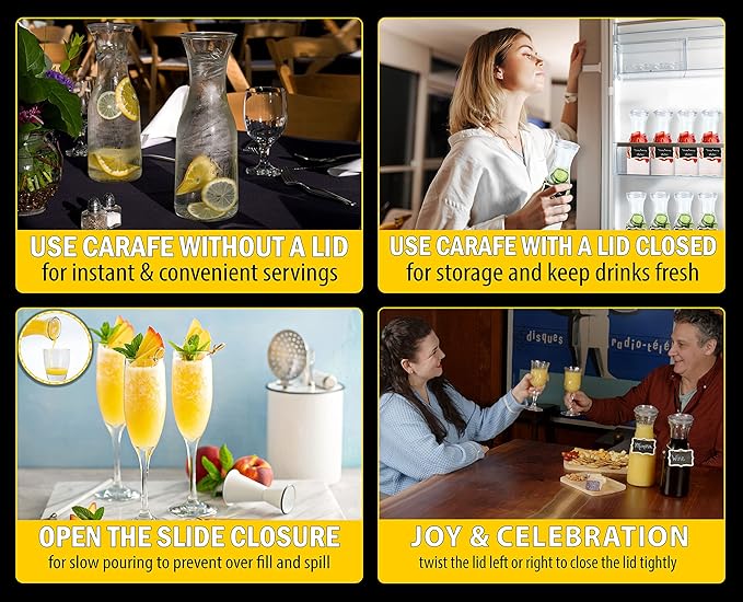 Set of 4 Glass Carafes with Flip Top Lids (40 Oz) – Clear Glass Water Pitchers and Beverage Serveware for Mimosa Bars, Brunch, Parties, Wine, Juice, Milk, Iced Tea, and Lemonade with Easy-Pour Spout
