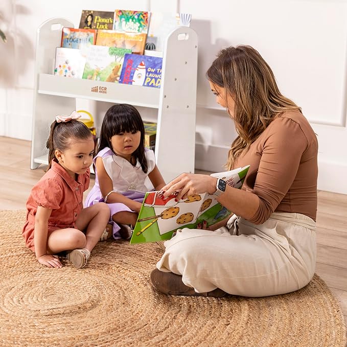 ECR4Kids 3-Shelf Floor Book Display with Handles and Storage, 30in, Kids Bookshelf, White Wash