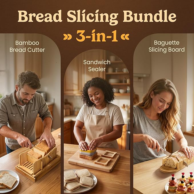 Bread Slicer Guide for Homemade Bread 3-In-1 Set: Sourdough Rounds Slicer, Baguette Cutter & Sandwich Sealer | Bread Loaf Slicing, Adjustable Bamboo Bread Cutter With Knife & Magnetic Slot