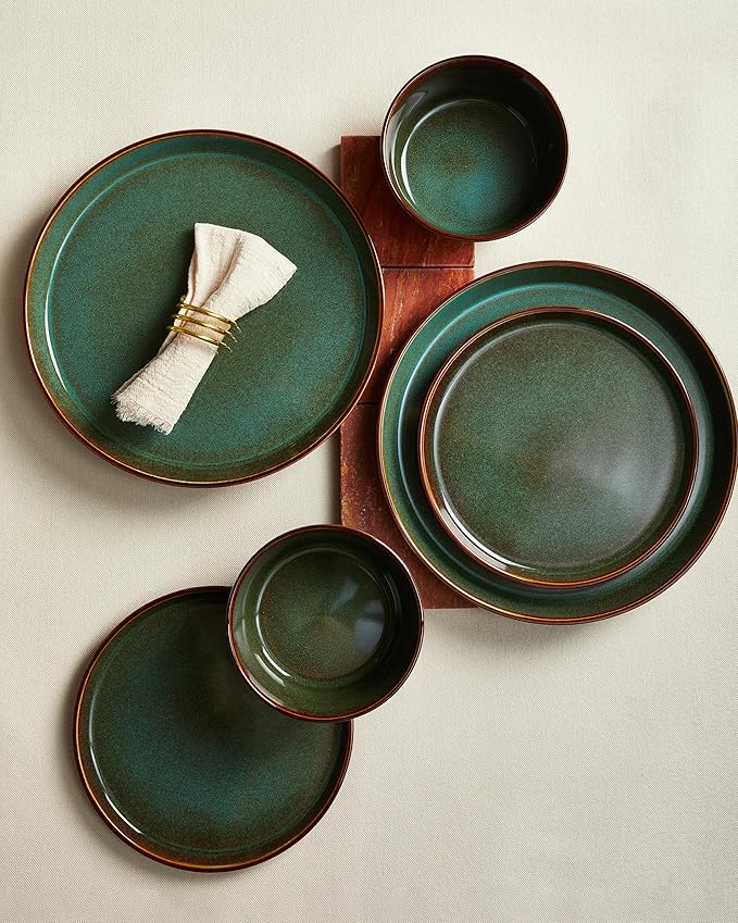 Pokini Plates and Bowls Sets for 6, Ceramic Dinnerware Sets, Kitchen Dish Set, Microwave & Dishwasher Safe Dishware, Highly Durable Reactive Glazed Dinner Set, Brown Green