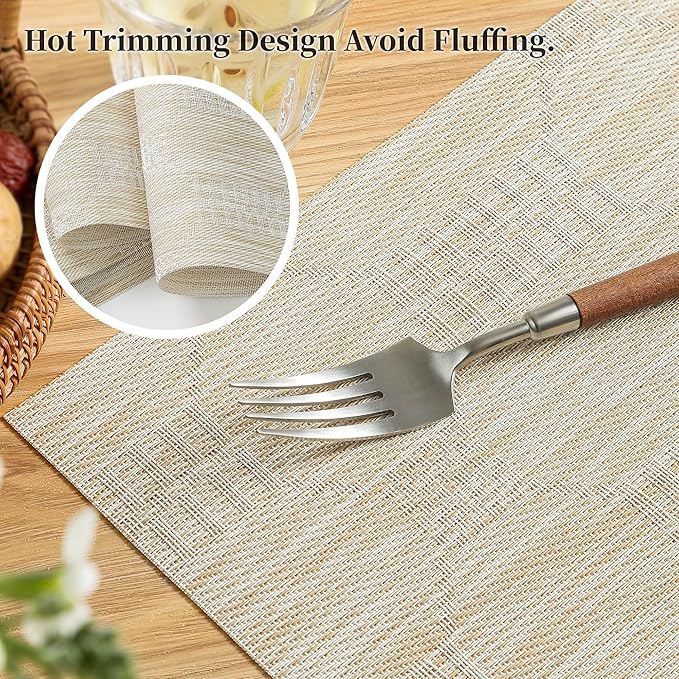 Leetaltree Wheat Placemats Set of 4 - Heat Resistant Non-Slip Place mats for Dining Table, Washable Durable PVC Vinyl Woven Table Mats（Wheat, 4）