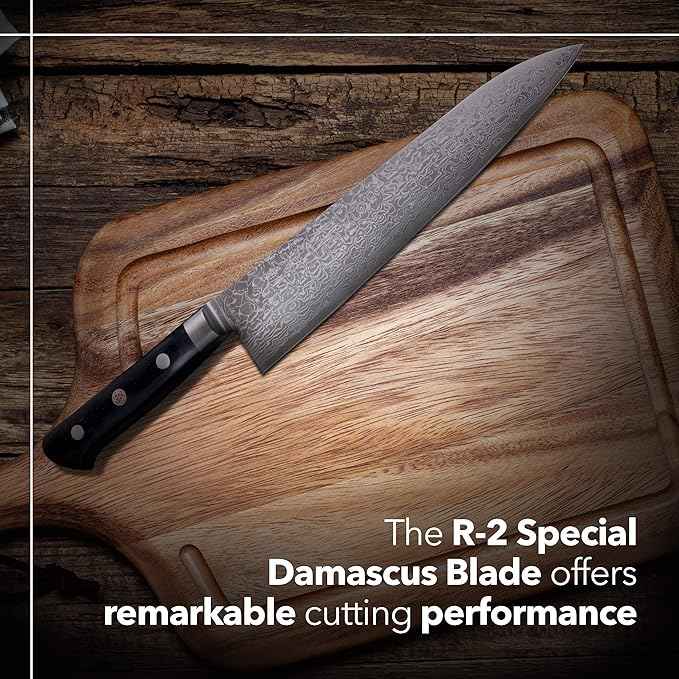 Kagayaki Japanese Chef’s Knife, KGRP-3 Professional Gyuto Knife, Polished Patterned Damascus Stainless Steel with Ergonomic Black Pakka Wood Handle, 8.2 inch