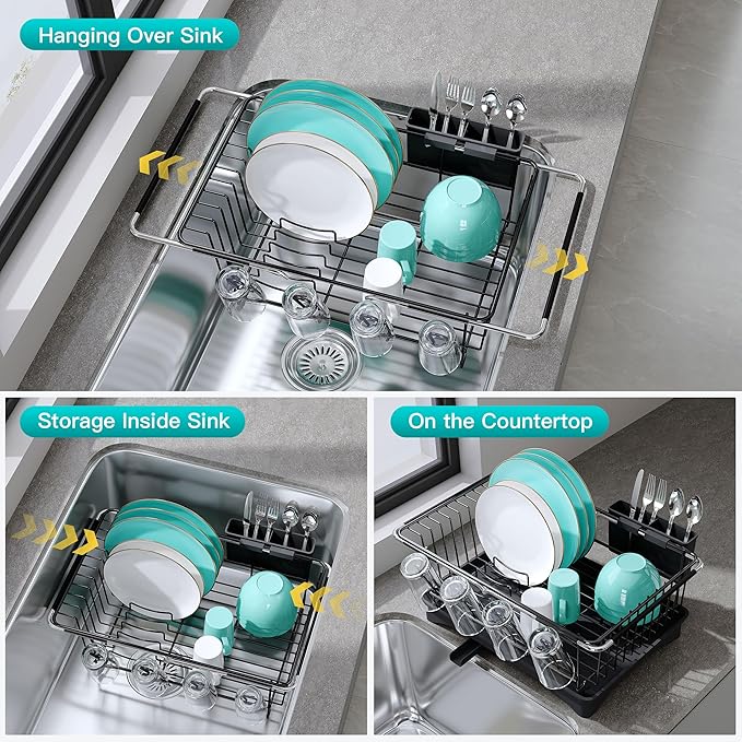 JASIWAY Dish Drying Rack in Sink, Expandable Stainless Steel Dish Drainers for Kitchen Counter, Space Saving Dish Dryer Rack with Drainboard, Over The Sink Dish Racks with Utensil Holder, Black
