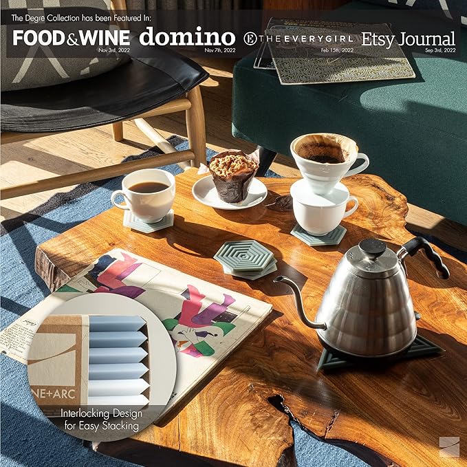 LINE+ARC Extra Thick Silicone Coasters (As Seen in NYTimes WireCutter) Waterproof Anti-Stain Heat-Safe Dishwasher-Safe Degrē Coasters (Set of 6, Sandstone) Outdoor Rubber Mid-Century Modern