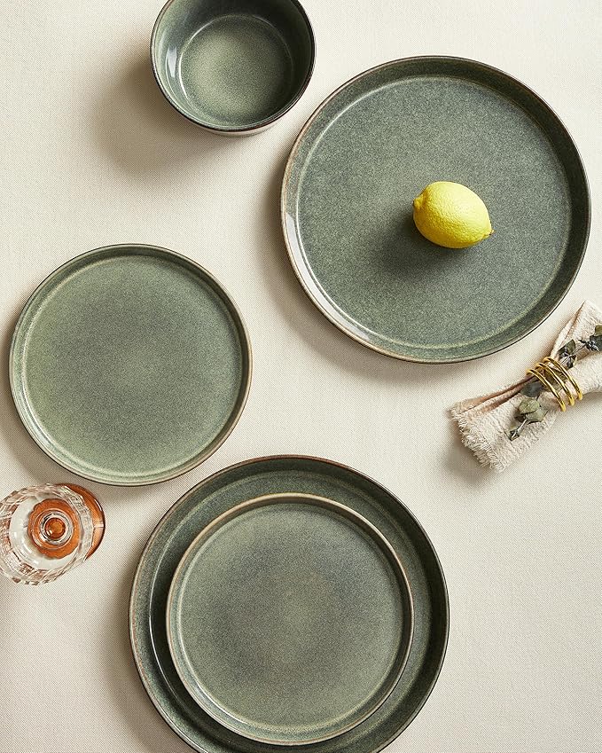 Pokini Dinnerware Sets, Microwave Safe Plates and Bowls Sets, Dishes Set for 6, Chip & Scratch Resistant Dinner Set, Hand Glazed Farmhouse Dishware Sets, Green Wheat