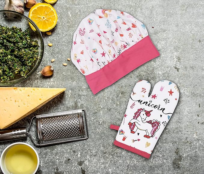 AMOUR INFINI Apron and Hat Set, 3 Pcs- Adjustable Kitchen Apron Oven Mitts Set