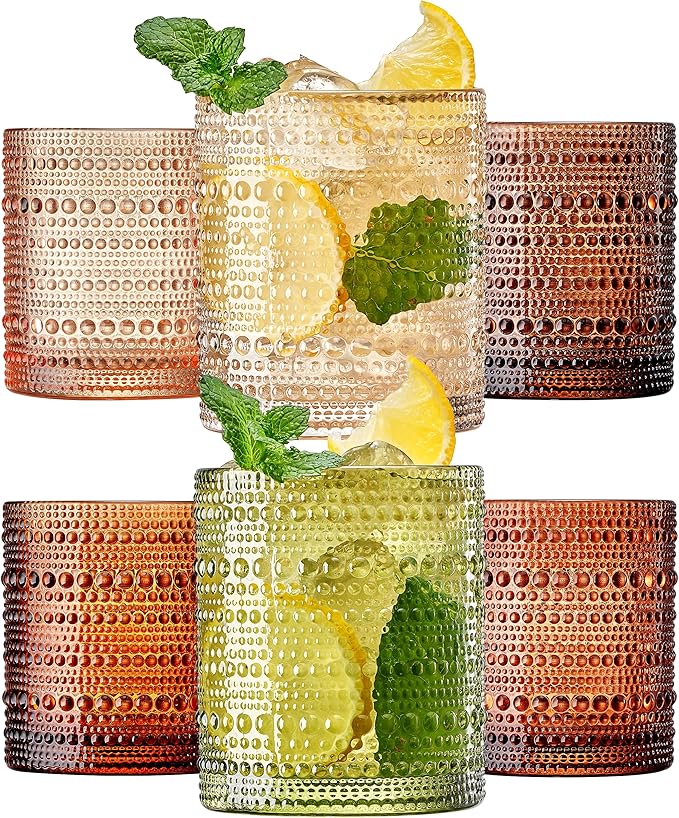 Hobnail Beaded Highball Drinking Tumbler Glasses | Set of 6 | Venus Sand Colors, Vintage Bubble Design Glassware, Old-Fashioned, Embossed Design for Water, Wine, Cocktail Embossed Heavy, Rocks Glass